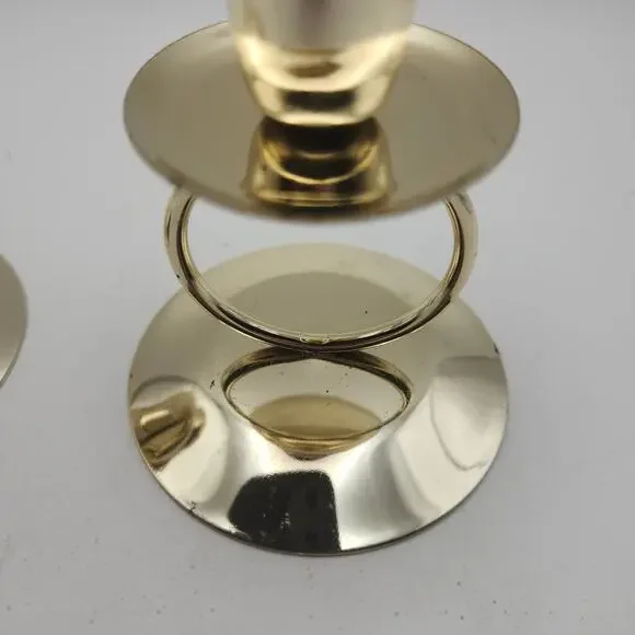 Gold Tone Metal Ring Taper Candle Holders Pair Modern Minimalist Round Base - Picture 5 of 8